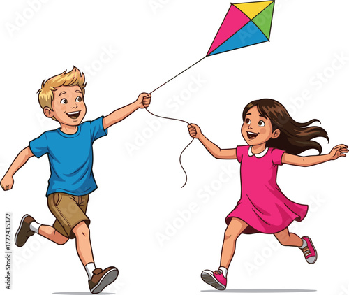 Happy kids flying colorful kite, running outdoors, enjoying summer breeze, childhood fun, playful activity, outdoor adventure, joyful game, carefree playtime