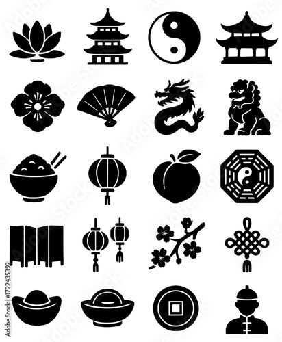 Icon pack, icon sheet, chinese theme, silhouette version 