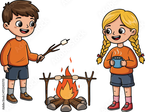 Happy kids camping together, roasting marshmallows on campfire, drinking hot cocoa, outdoor adventure, fun holiday activity, family picnic, cozy evening fire