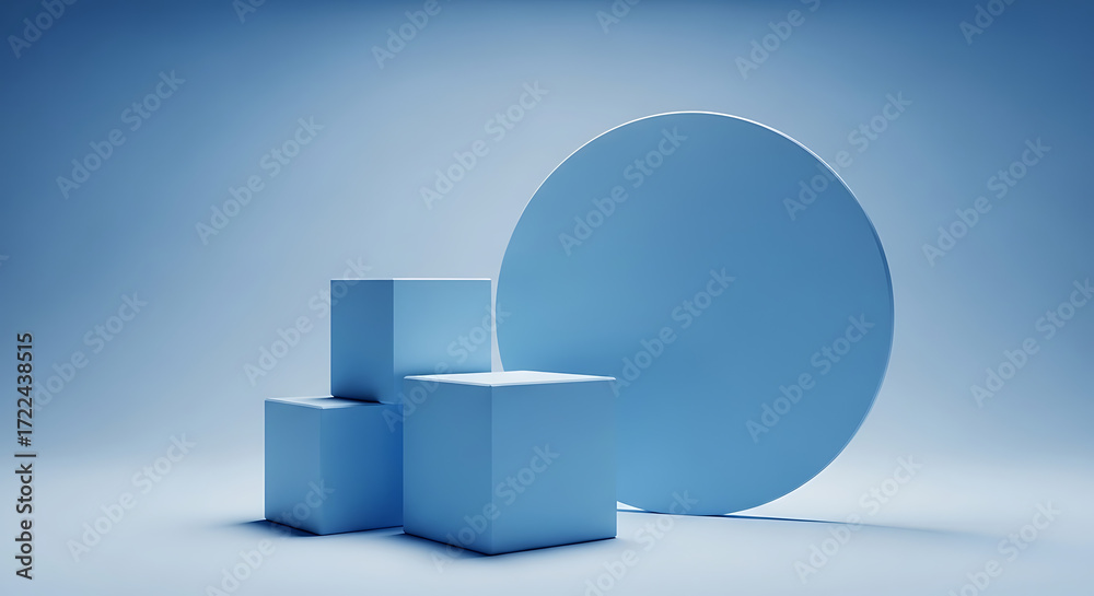 Fototapeta premium Three blue cubes and a large blue circle on a light blue background, abstract geometric composition