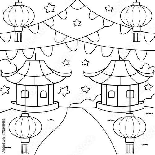 Two Pagodas Festive Lanterns and Stars Celebration Scene