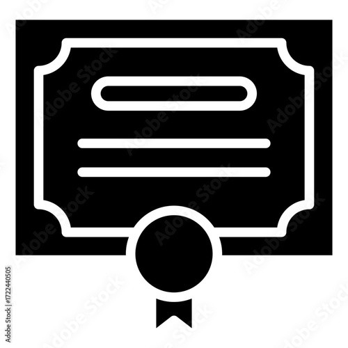 Certificate Glyph Black Silhouette Icon Design Vector - Certificate with ribbon, representing qualification, completion, and official recognition