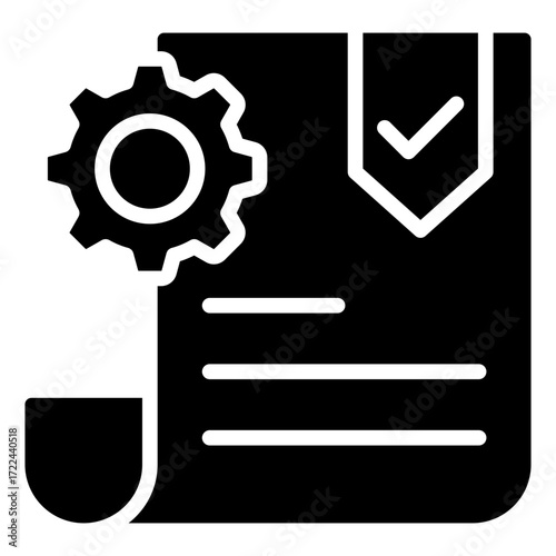 Certified Document Glyph Black Silhouette Icon Design Vector - document with a gear and checkmark symbolizing certification, approval, and quality assurance