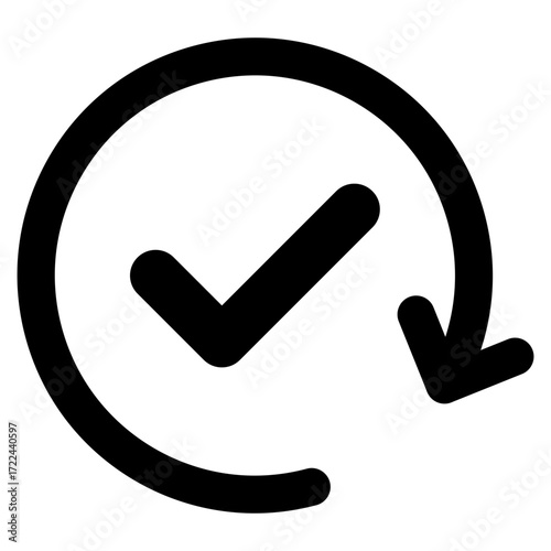 Process Check Glyph Black Silhouette Icon Design Vector - Circular arrow with a checkmark, symbolizing workflow, renewal, and continuous approval