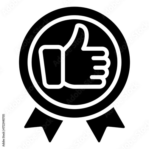 Approval Badge Glyph Black Silhouette Icon Design Vector - medal with thumbs up representing approval, satisfaction, and trusted recognition