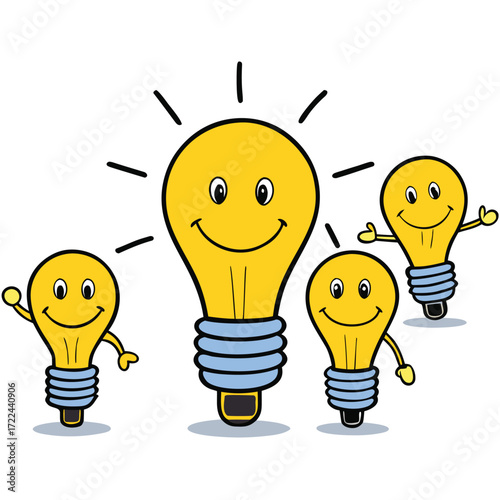 Happy Light Bulbs Sharing Brilliant Ideas Together