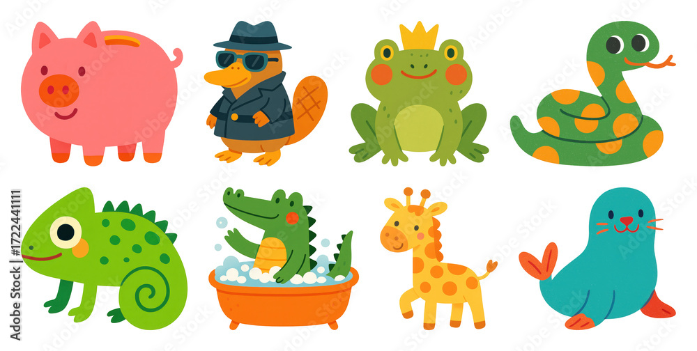 Obraz premium PNG Colorful cartoon animal characters, element set on transparent background