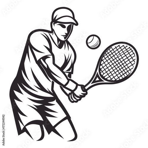 Man Playing Tennis Swinging Racquet At Ball