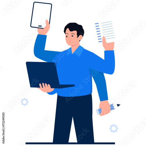 Man with multiple arms holding devices and tools