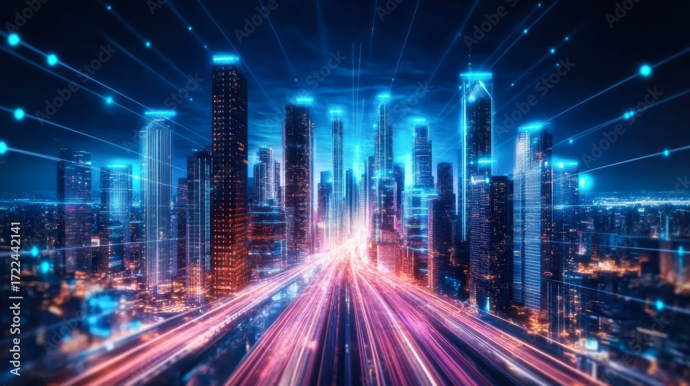 Fototapeta premium Abstract technology icons, night aerial panoramic cityscape