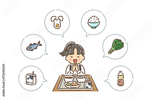 給食の前で笑顔で手を合わせていただきますをしている女の子（フルカラー）
