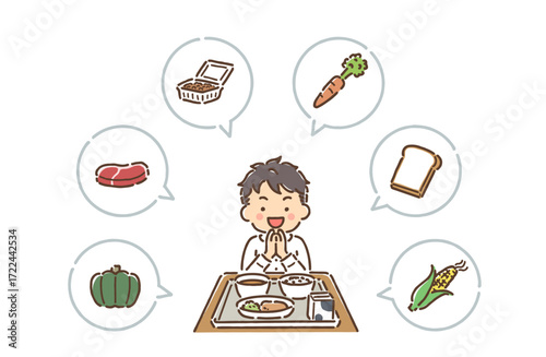 給食の前で手を合わせていただきますをしている男の子（フルカラー）
