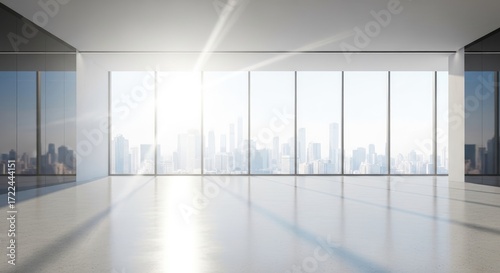 Spacious Modern Empty Office Interior with Panoramic Cityscape View and Bright Sunlight