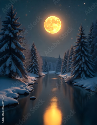 Winter Night Landscape with Moon Reflection