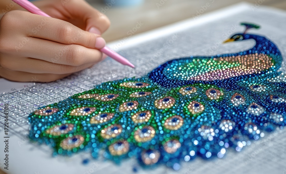 Obraz premium Close-up of hands applying rhinestones to a peacock design on a gridded surface
