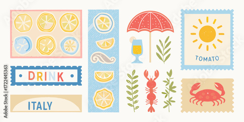 Collection of charming hand drawn summer icons including citrus fruits drinks seafood and italian motifs