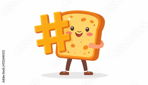 An adorable cartoon slice of bread character mascot with a smiling face, holding a large golden hashtag symbol for social media concepts