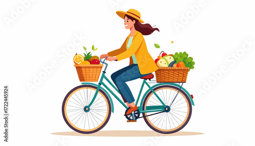 Woman Riding Bicycle with Fresh Produce in Baskets