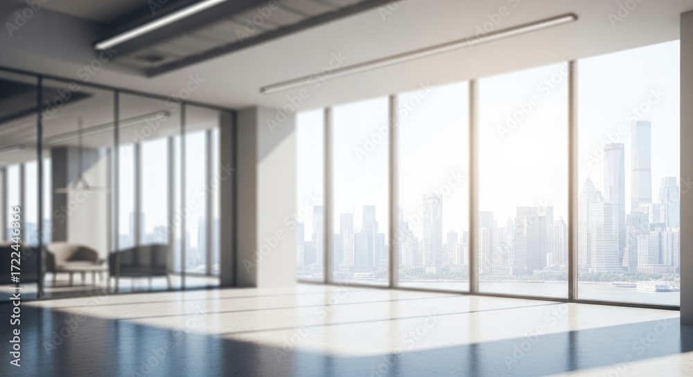 Fototapeta premium Bright Empty Modern Office Interior with Panoramic City Skyline View and Ample Copyspace