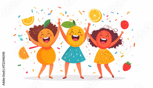 Joyful Fruit Friends Celebrating with Confetti A Cheerful Illustration for Festivities