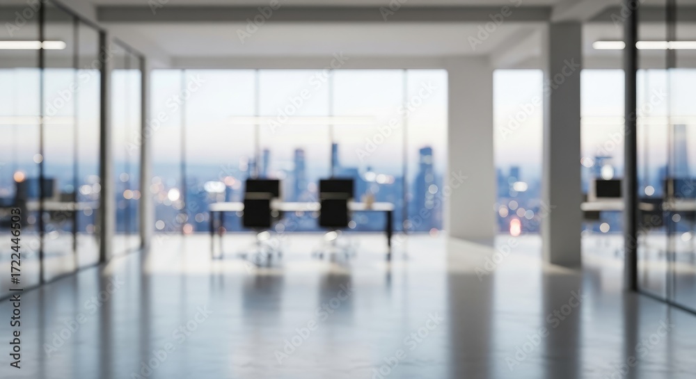 Fototapeta premium Modern Blurred Empty Office Interior with Panoramic Cityscape View at Dusk