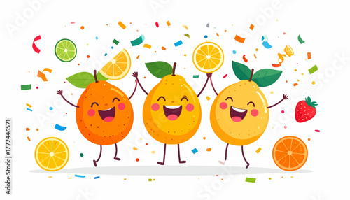 A joyful celebration with cute anthropomorphic citrus fruit characters dancing and having fun together