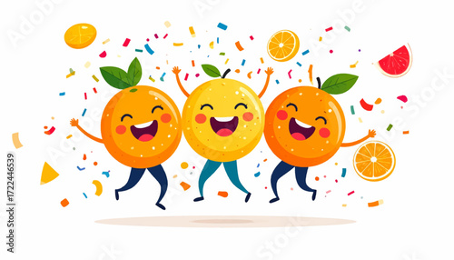 Joyful cartoon citrus characters, two oranges and a lemon, happily dancing as colorful confetti showers around them, creating a vibrant and cheerful celebration