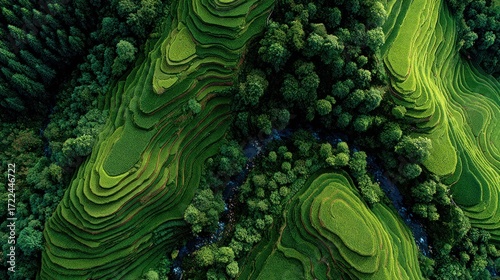 Aerial View of Lush Green Rice Terraces and Dense Forest Landscape