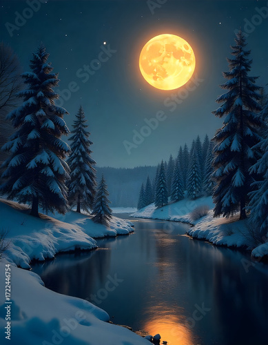 Snow-Covered Pines Beneath a Radiant Moon