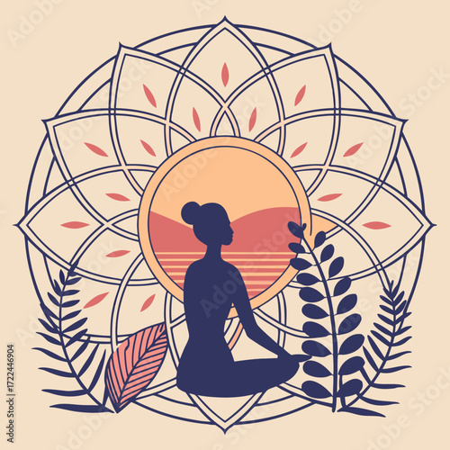 Serene silhouette of a person in a yoga meditation pose (such as Lotus pose), centered against a soft gradient sunrise background. The interior of the silhouette is a harmonious blend of intricate geo
