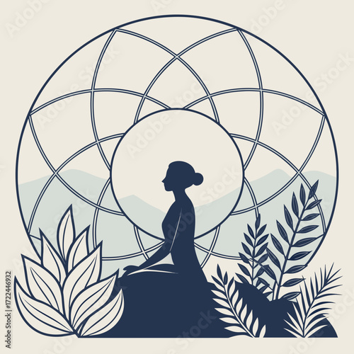 Serene silhouette of a person in a yoga meditation pose (such as Lotus pose), centered against a soft gradient sunrise background. The interior of the silhouette is a harmonious blend of intricate geo