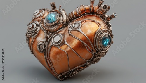 Steampunk heart, copper and brass, intricate mechanical design,  sapphire gems