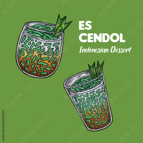 Adobe Illustrator Artwork Hand drawn illustration design of Indonesian dessert Es Cendol in a glass