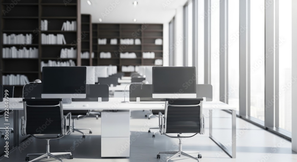 Fototapeta premium Modern Open-Plan Office Space with Empty Workstations and Bright Natural Light