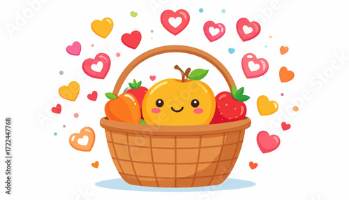 A delightful cartoon illustration of a wicker basket overflowing with happy, smiling fruits and surrounded by a shower of colorful love hearts