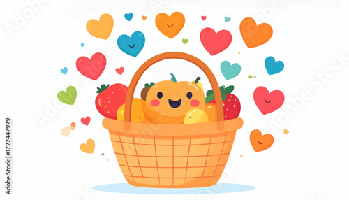 Fruit Basket with Cute Cartoon Fruits and Hearts A Delightful Illustration