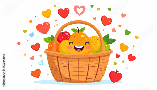 A cheerful illustration of a happy fruit basket, brimming with smiling citrus fruits and surrounded by colorful hearts, perfect for themes of health, joy, and thoughtful gifting