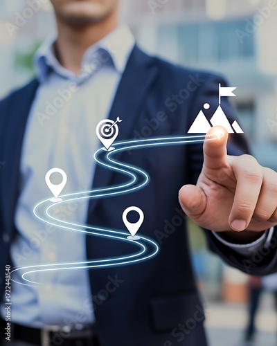 Businessman navigates futuristic digital roadmap with goals and milestones visualized