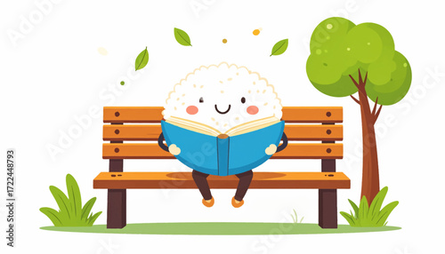 Cute kawaii rice ball character enjoying a book on a park bench. An adorable onigiri mascot relaxing and reading in a peaceful green setting