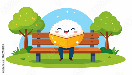 Adorable rice character enjoying a good book on a park bench under the shade of trees, a perfect depiction of relaxation and simple pleasures in life