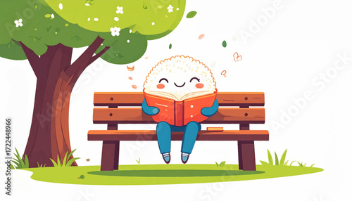 Charming illustration of a cheerful rice character sitting on a park bench reading a book under a blooming tree