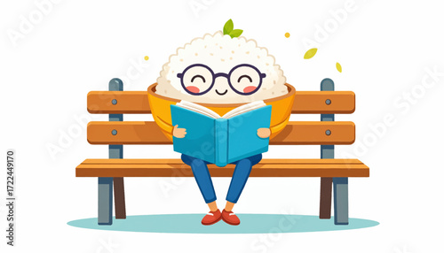 Adorable cartoon rice bowl character with spectacles happily engrossed in a book while comfortably seated on a wooden park bench, embodying a peaceful moment of learning