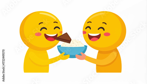 Adorable yellow emoticons smiling and sharing a sweet dessert, representing happiness, generosity, and friendship in a vector graphic