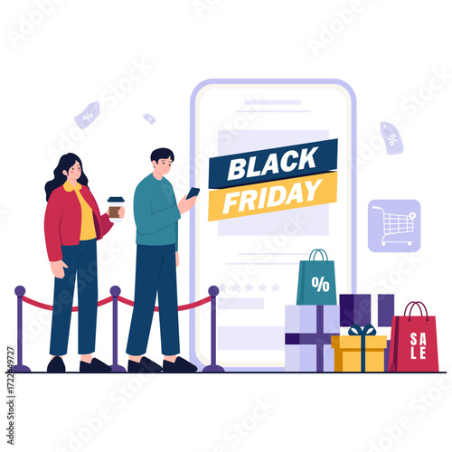 People line up for Black Friday sale displayed on smartphone screen