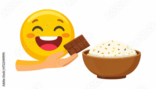 Joyful cartoon emoji character with a happy smile offering a chocolate bar to a bowl of rice, illustrating a funny and unique food combination