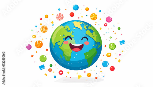A cheerfully smiling cartoon Planet Earth illustration, vibrant with joy and surrounded by a delightful scattering of colorful candies and sweets, representing global happiness and positivity