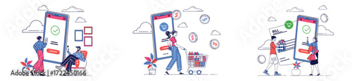 Online shopping concept with three scenes