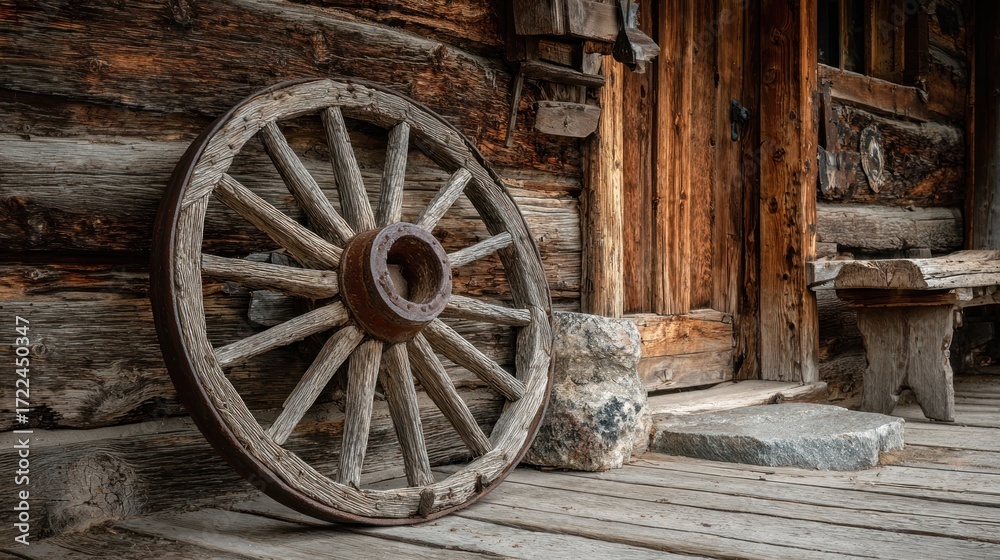 Obraz premium Old wooden wagon wheel leaning against a rustic wooden building facade in sunlight