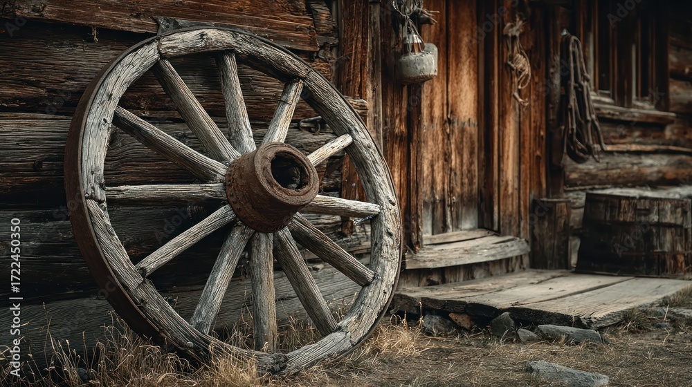 Fototapeta premium An old wooden wagon wheel leaning against a weathered rustic wooden building.