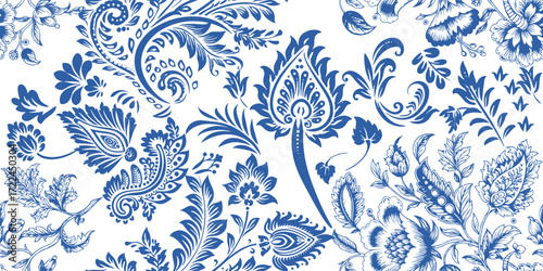 floral pattern vintage ethnic modern embroidery texture boho design vector illustration hand drawn pink flower motif branches leaves wallpaper seamless background border.